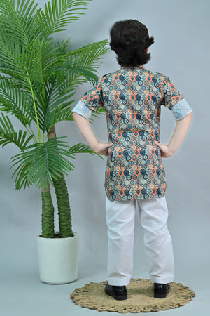 Ahhaaaa Floral Boys' Pathani Kurta Pajama Set - Eid & Ramadan Festive Wear for Kids