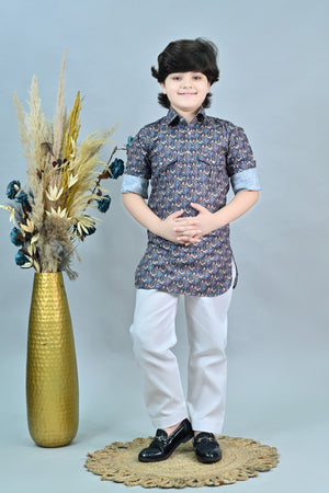 Ahhaaaa Floral Boys' Pathani Kurta Pajama Set - Eid & Ramadan Festive Wear for Kids Turquoise