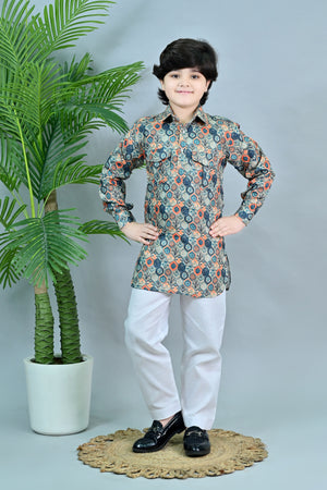 Ahhaaaa Floral Boys' Pathani Kurta Pajama Set - Eid & Ramadan Festive Wear for Kids Teal