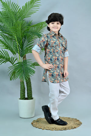 Ahhaaaa Floral Boys' Pathani Kurta Pajama Set - Eid & Ramadan Festive Wear for Kids