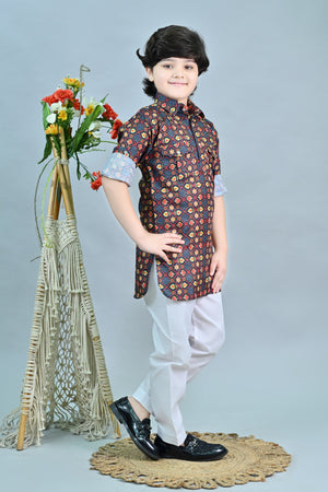 Ahhaaaa Floral Boys' Pathani Kurta Pajama Set - Eid & Ramadan Festive Wear for Kids