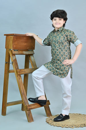 Ahhaaaa Floral Boys' Pathani Kurta Pajama Set - Eid & Ramadan Festive Wear for Kids