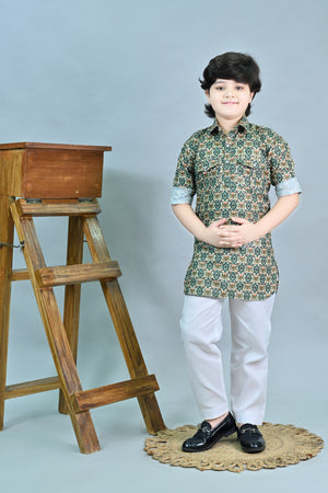 Ahhaaaa Floral Boys' Pathani Kurta Pajama Set - Eid & Ramadan Festive Wear for Kids Green