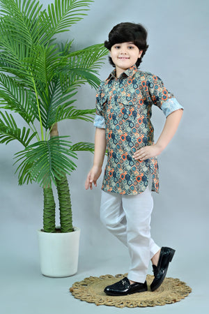 Ahhaaaa Floral Boys' Pathani Kurta Pajama Set - Eid & Ramadan Festive Wear for Kids