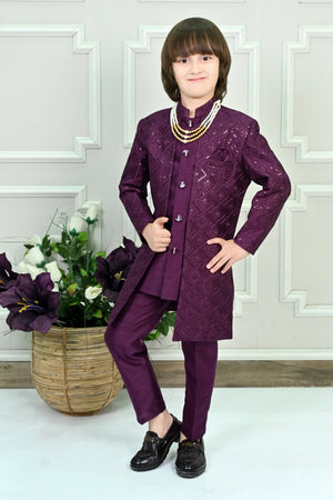 Ahhaaaa Heritage Charm Sequin-Embellished Silk Sherwani for Boys | Festive & Wedding Ethnic Outfit Wine