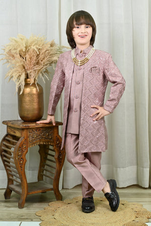 Ahhaaaa Heritage Charm Sequin-Embellished Silk Sherwani for Boys | Festive & Wedding Ethnic Outfit Pink