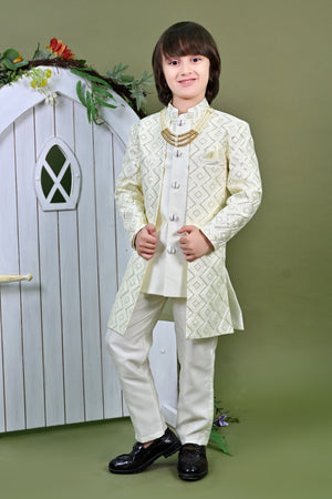 Ahhaaaa Heritage Charm Sequin-Embellished Silk Sherwani for Boys | Festive & Wedding Ethnic Outfit Cream