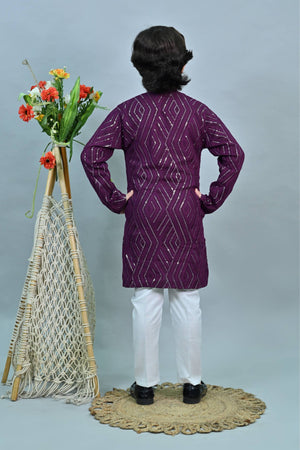 Ahhaaaa Kid's Mirror Work Sequin Embellished & Embroidered Kurta with Pajama for Boys