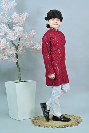 Ahhaaaa Kid's Mirror Work Sequin Embellished & Embroidered Kurta with Pajama for Boys