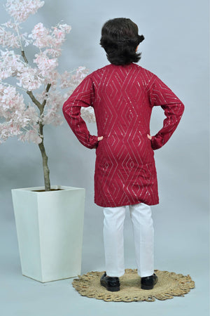 Ahhaaaa Kid's Mirror Work Sequin Embellished & Embroidered Kurta with Pajama for Boys