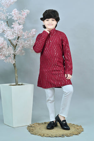 Ahhaaaa Kid's Mirror Work Sequin Embellished & Embroidered Kurta with Pajama for Boys Red