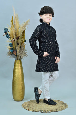 Ahhaaaa Kid's Mirror Work Sequin Embellished & Embroidered Kurta with Pajama for Boys