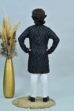 Ahhaaaa Kid's Mirror Work Sequin Embellished & Embroidered Kurta with Pajama for Boys