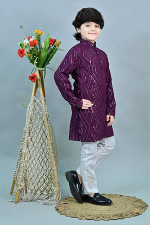 Ahhaaaa Kid's Mirror Work Sequin Embellished & Embroidered Kurta with Pajama for Boys