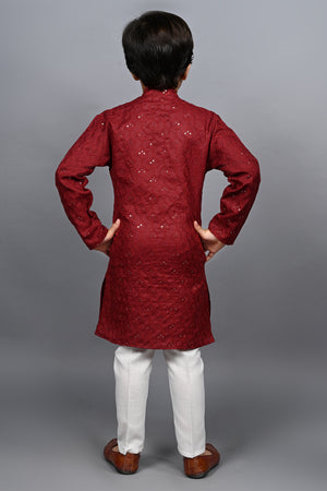 Ahhaaaa Kid's Sequin Print Embroidery Mirror Work Kurta with Pajama for Boys
