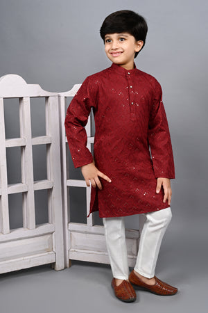 Ahhaaaa Kid's Sequin Print Embroidery Mirror Work Kurta with Pajama for Boys