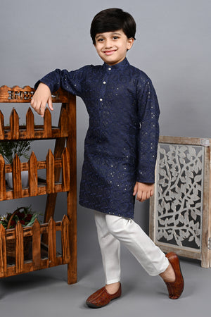 Ahhaaaa Kid's Sequin Print Embroidery Mirror Work Kurta with Pajama for Boys
