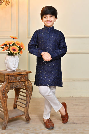 Ahhaaaa Kid's Sequin Print Embroidery Mirror Work Kurta with Pajama for Boys Navy