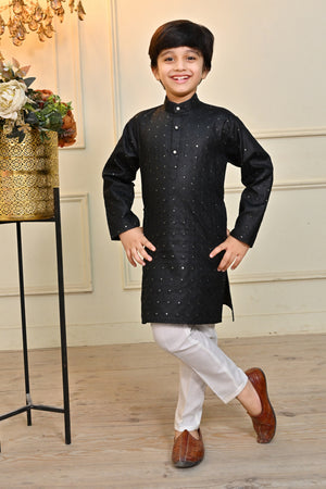 Ahhaaaa Kid's Sequin Print Embroidery Mirror Work Kurta with Pajama for Boys Black