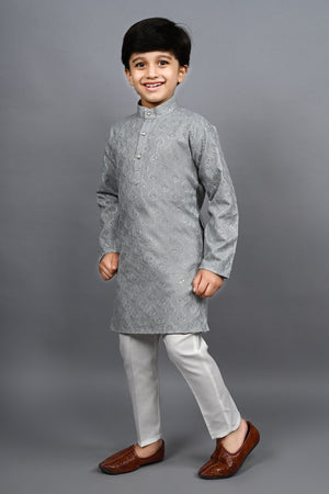 Ahhaaaa Kid's Sequin Print Embroidery Mirror Work Kurta with Pajama for Boys