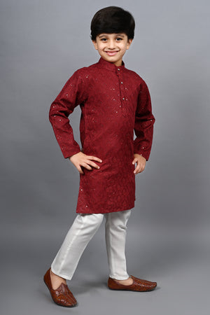 Ahhaaaa Kid's Sequin Print Embroidery Mirror Work Kurta with Pajama for Boys