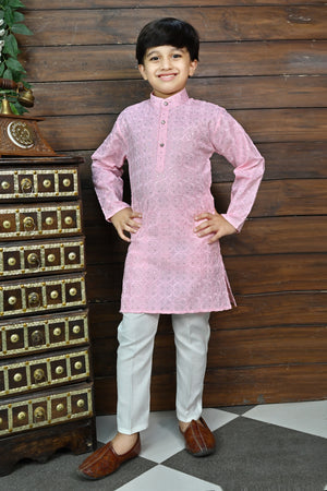 Ahhaaaa Kid's Sequin Print Embroidery Mirror Work Kurta with Pajama for Boys Pink