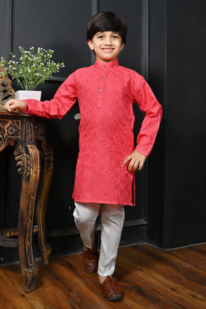 Ahhaaaa Kid's Sequin Print Embroidery Mirror Work Kurta with Pajama for Boys Peach
