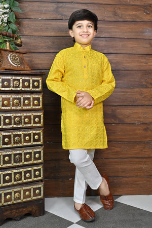 Ahhaaaa Kid's Sequin Print Embroidery Mirror Work Kurta with Pajama for Boys Yellow