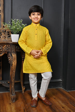 Ahhaaaa Kid's Sequin Print Embroidery Mirror Work Kurta with Pajama for Boys Yellow
