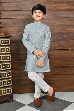 Ahhaaaa Kid's Sequin Print Embroidery Mirror Work Kurta with Pajama for Boys Grey