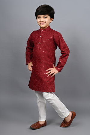 Ahhaaaa Kid's Sequin Print Embroidery Mirror Work Kurta with Pajama for Boys