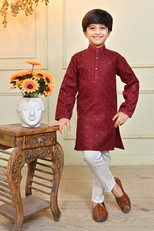 Ahhaaaa Kid's Sequin Print Embroidery Mirror Work Kurta with Pajama for Boys Maroon