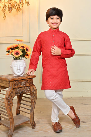 Ahhaaaa Kid's Sequin Print Embroidery Mirror Work Kurta with Pajama for Boys Red