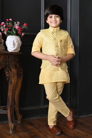 Ahhaaaa Kids Bollywood Style Print Indo-Western Sherwani Set For Boys Yellow