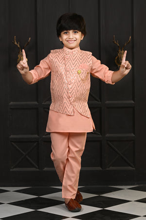 Ahhaaaa Kids Bollywood Style Print Indo-Western Sherwani Set For Boys Pink
