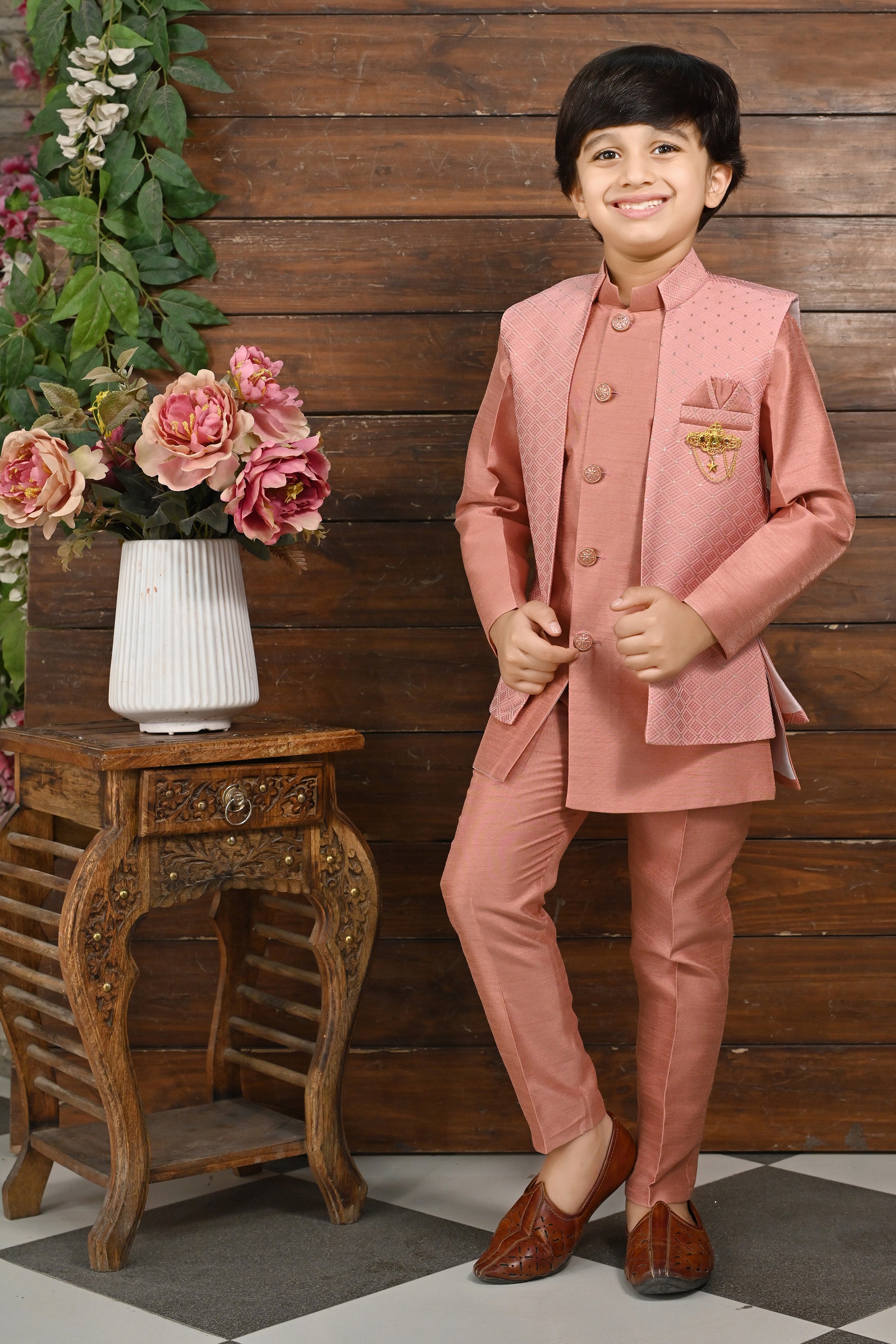 Ahhaaaa Kids Bollywood Style Print Indo-Western Sherwani Set For Boys Pink