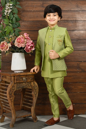Ahhaaaa Kids Bollywood Style Print Indo-Western Sherwani Set For Boys Green