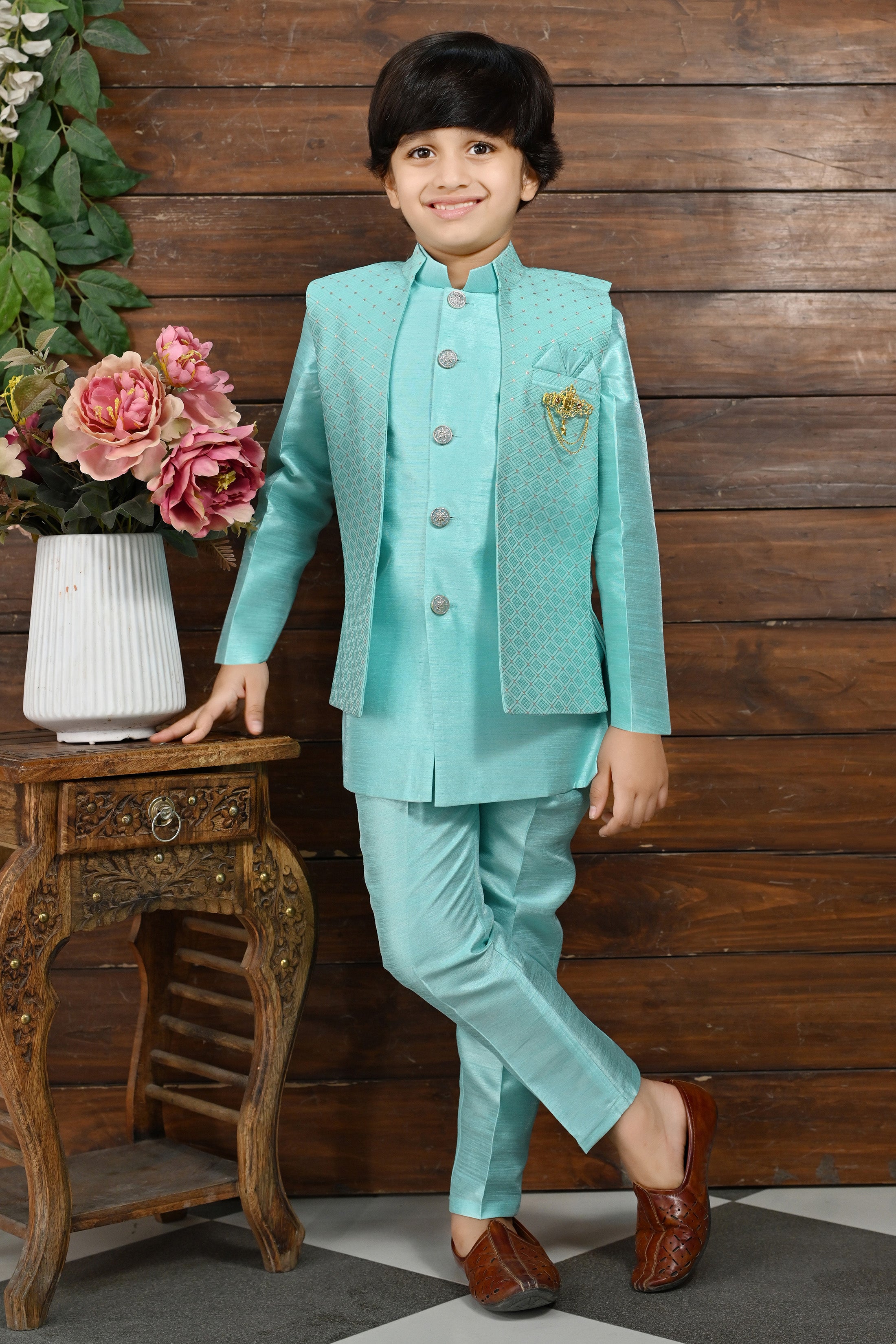 Ahhaaaa Kids Bollywood Style Print Indo-Western Sherwani Set For Boys Turquoise Blue