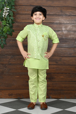 Ahhaaaa Kids Bollywood Style Print Indo-Western Sherwani Set For Boys Green