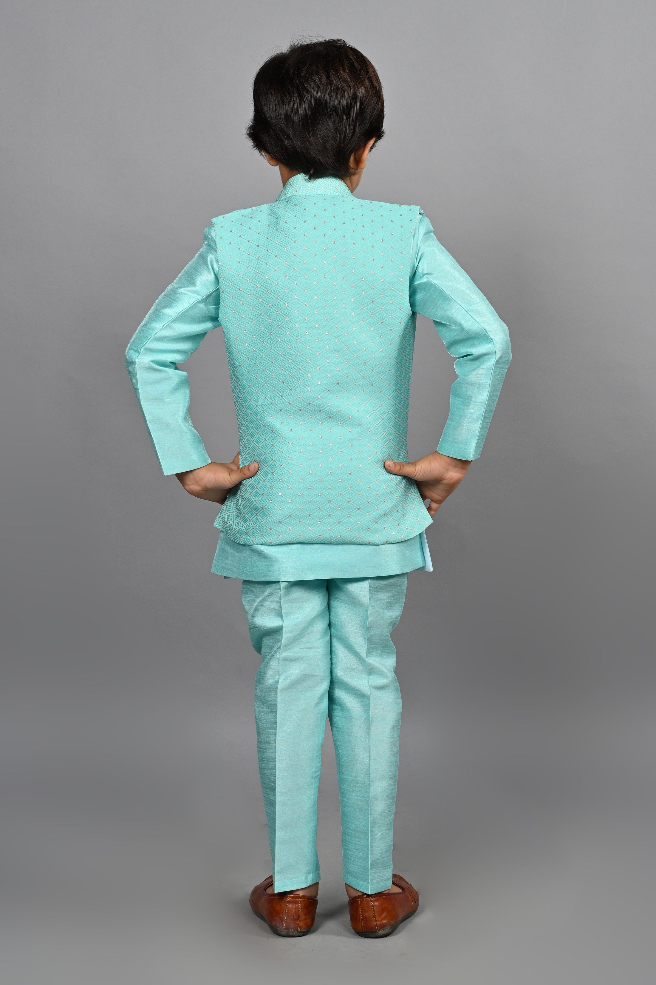 Ahhaaaa Kids Bollywood Style Print Indo-Western Sherwani Set For Boys