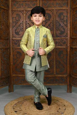 AHHAAAA Kids' Embroidered Jacquard Silk Sherwani – Boys' Wedding Sherwani Set with Festive Ethnic Prints |575|