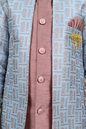 AHHAAAA Kids' Embroidered Jacquard Silk Sherwani – Boys' Wedding Sherwani Set with Festive Ethnic Prints |575|