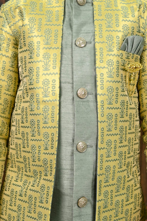 AHHAAAA Kids' Embroidered Jacquard Silk Sherwani – Boys' Wedding Sherwani Set with Festive Ethnic Prints |575|