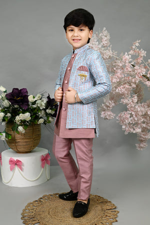 AHHAAAA Kids' Embroidered Jacquard Silk Sherwani – Boys' Wedding Sherwani Set with Festive Ethnic Prints |575|