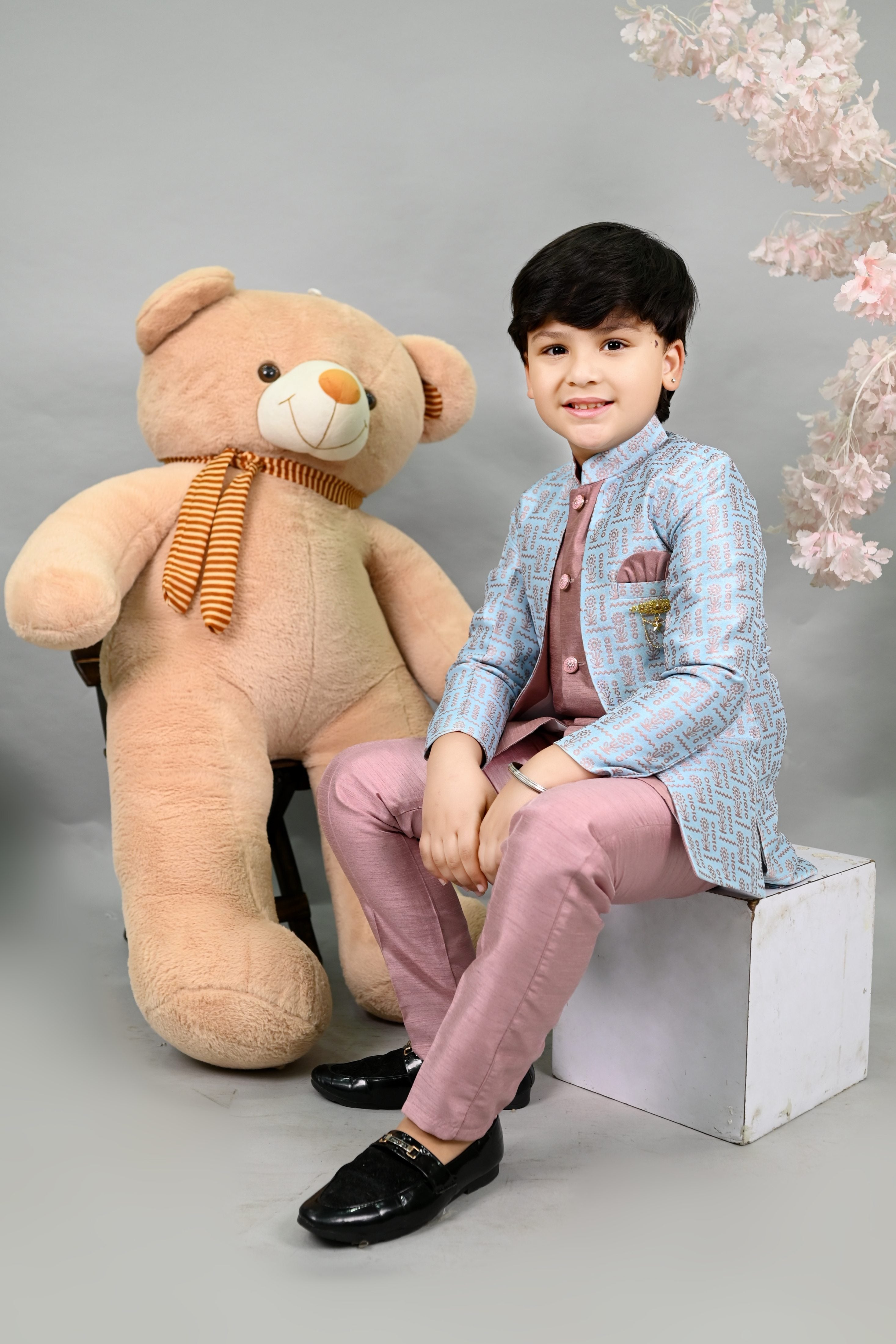 AHHAAAA Kids' Embroidered Jacquard Silk Sherwani – Boys' Wedding Sherwani Set with Festive Ethnic Prints |575|