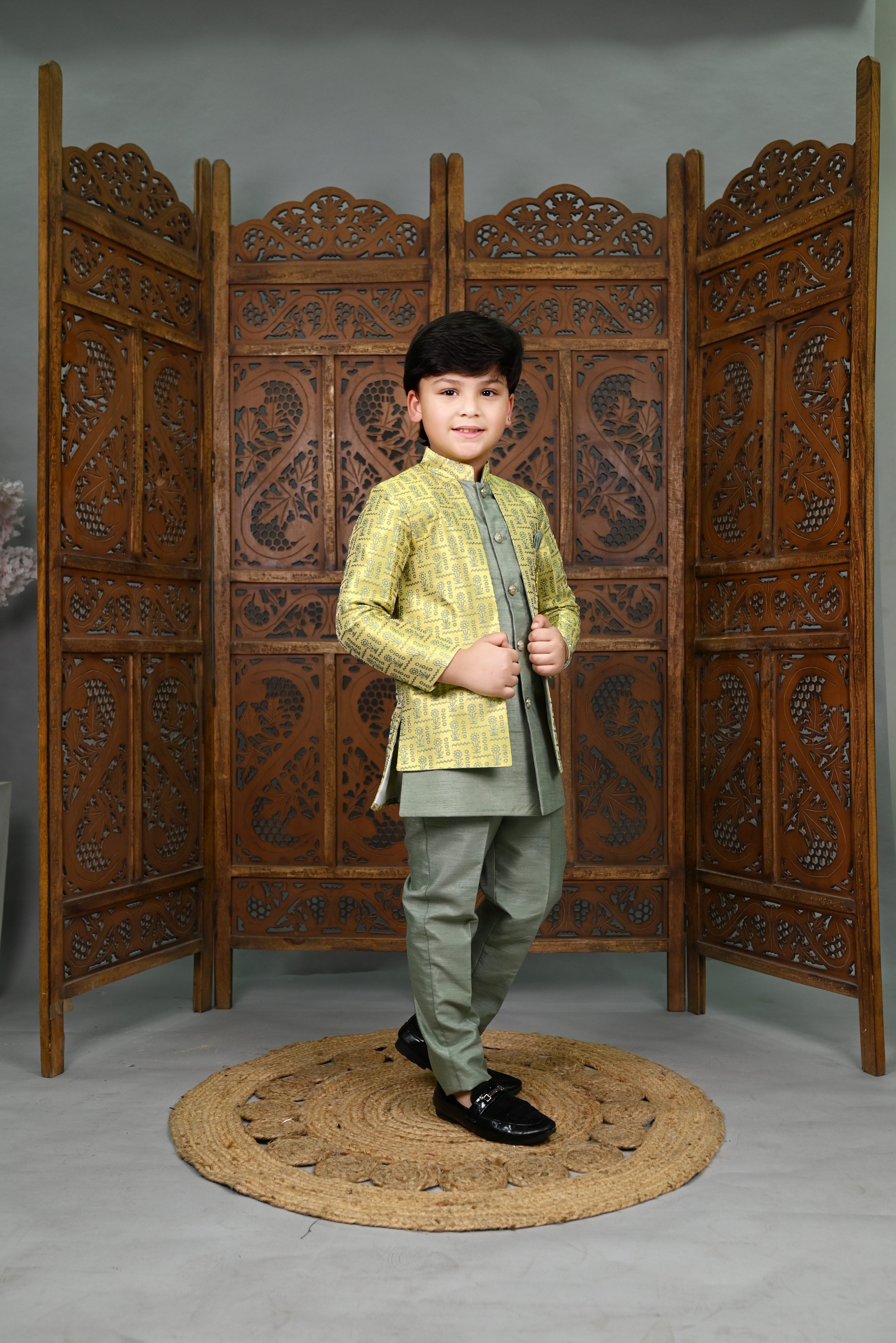AHHAAAA Kids' Embroidered Jacquard Silk Sherwani – Boys' Wedding Sherwani Set with Festive Ethnic Prints |575|