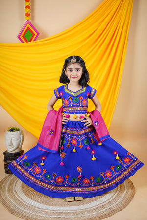 Ahhaaaa Kids Embroidered Traditional Ghoomar Lehenga Choli |Chania Choli|Radha Dress with Dupatta for Girls Blue