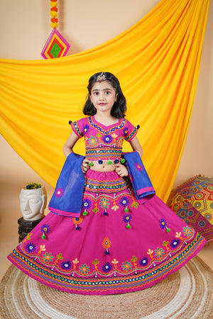 Ahhaaaa Kids Embroidered Traditional Ghoomar Lehenga Choli |Chania Choli|Radha Dress with Dupatta for Girls Pink