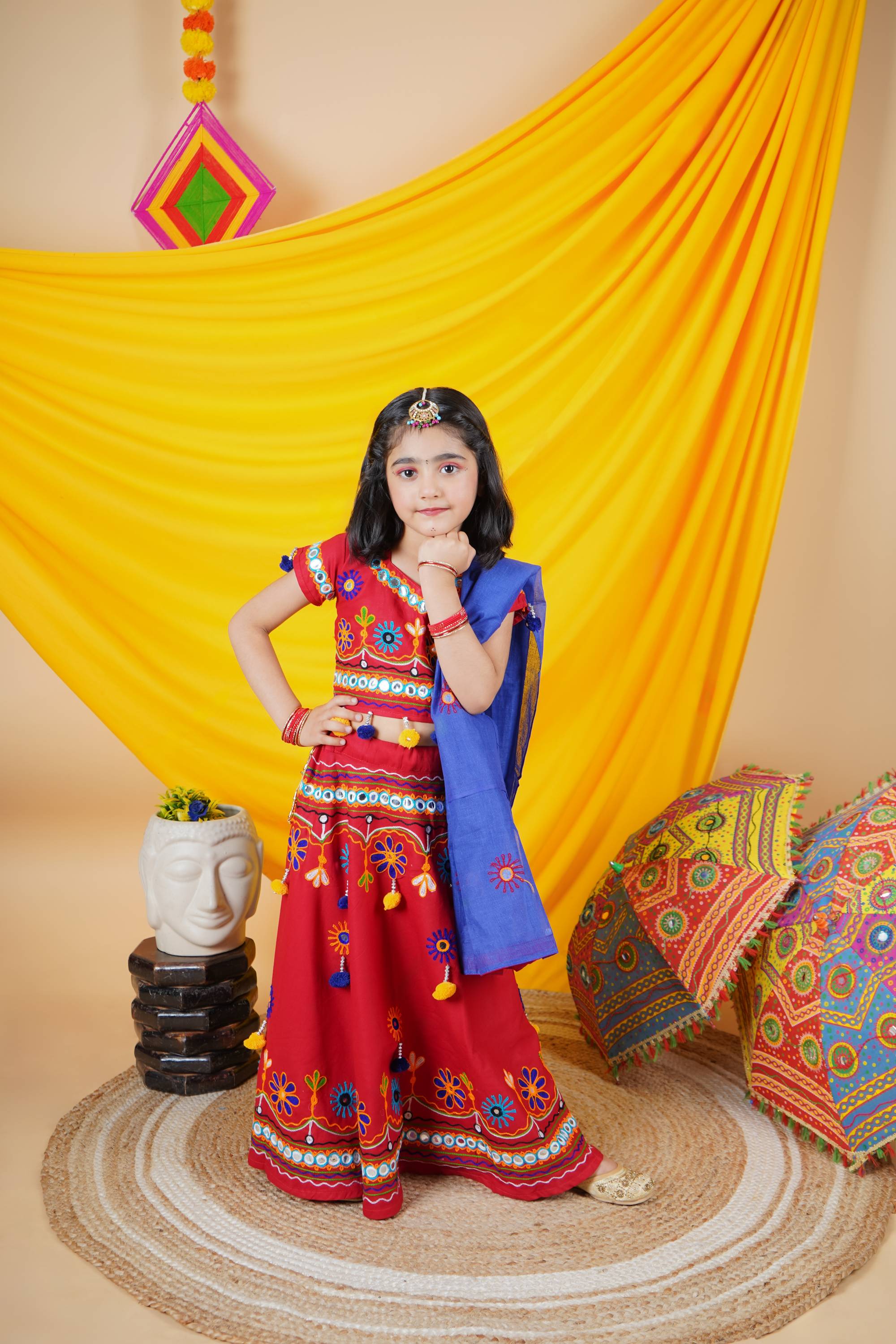 Ahhaaaa Kids Embroidered Traditional Ghoomar Lehenga Choli |Chania Choli|Radha Dress with Dupatta for Girls Red