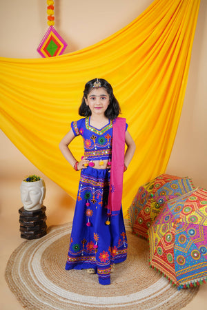 Ahhaaaa Kids Embroidered Traditional Ghoomar Lehenga Choli |Chania Choli|Radha Dress with Dupatta for Girls